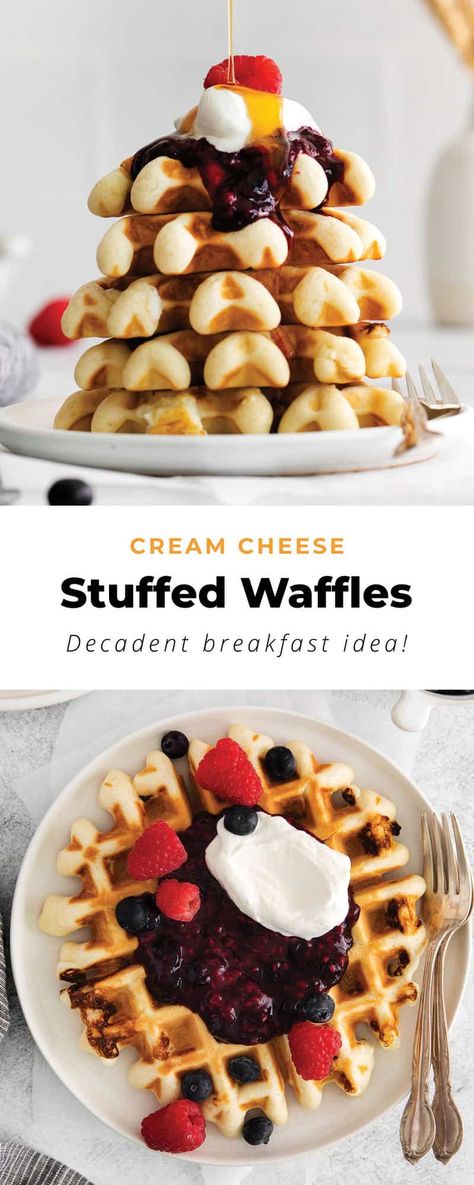 Good morning cream cheese stuffed waffles! This delicious stack of stuffed waffles is made with our go-to waffle recipe and a yummy cream cheese filling topped with a homemade berry compote. Cream Cheese Stuffed Waffles, Stuffed Waffle Recipe, Cream Cheese Waffles, Classic Waffle Recipe, Stuffed Waffles, Stuffed Waffle, Iron Foods, Waffle Batter, Healthy Waffles