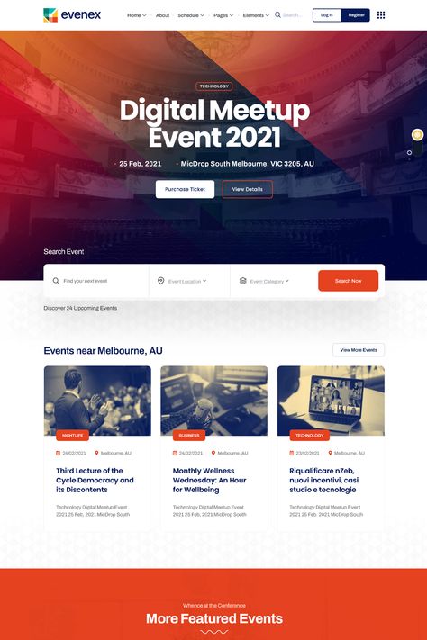 Evenex comes with the most powerful Elementor drag drop visual page builder and ElemeentsKit’s most advanced elementor addons. Events Web Design, Events Website Design, Event Website Design, Landing Page Web Design, Events Theme, Event Agenda, E Ticket, Event Website, Event Page