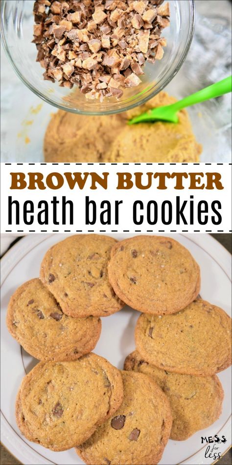 These Brown Butter Heath Bar Cookies are the perfect dessert to satisfy that sweet and salty craving, plus they are a great way to use up any extra Halloween candy. #brownbutter #heathbar #cookierecipe Heath Bar Cookies, Heath Bar, Butter Pecan Cookies, Heath Bars, Toffee Bars, Toffee Cookies, Butter Toffee, Christmas Cookies Easy, Buttery Cookies