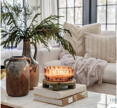 Cozy Chic Home Decor, Cozy Winter Home Sets, Christmas Cottage Coffee Table, Winter Candle Aesthetic, January Decorating Ideas, Neutral Christmas Candle, Cozy Christmas Sculptures & Statues, Post Christmas Decor, Cozy Christmas Living Room Decor