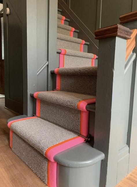 Wallpaper Stair Treads, Cool Stair Runners, Funky Stair Runner, Bold Stair Runner, Statement Stair Runner, Stair Runner And Landing, Bright Stair Runner, Colourful Stair Runner, Pink Stair Runner