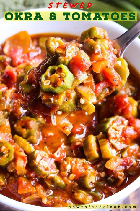 This dish is so comforting and has such a nostalgic feel to it.  Delicious and satisfying (and no okra slime!).  SEE ALL-NEW VIDEO and complete recipe on the blog! Stewed Okra And Tomatoes, Okra And Tomato Recipe, Stewed Okra, Okra Gumbo, Okra Stew, Okra And Tomatoes, Tomato Recipe, Okra Recipes, Southern Dishes