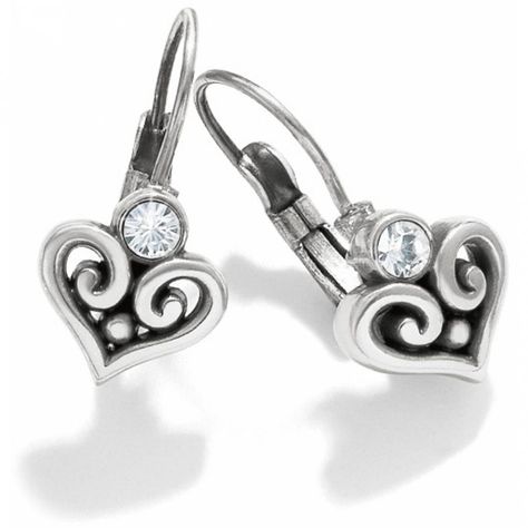 Featuring Swarovski crystals atop swirly filigree hearts, these sweet silver-plated earrings are perfectly Brighton in every way. Width: 3/8" Type: French Wire Lever Back Drop: 3/8" Material: Swarovski crystal Finish: Silver plated, Gun Metal Cremation Jewelry Ring, Earrings Outfit, Peace Necklace, Memorial Ring, Brighton Jewelry, Leverback Earrings, French Wire, I Love Jewelry, Wire Earrings