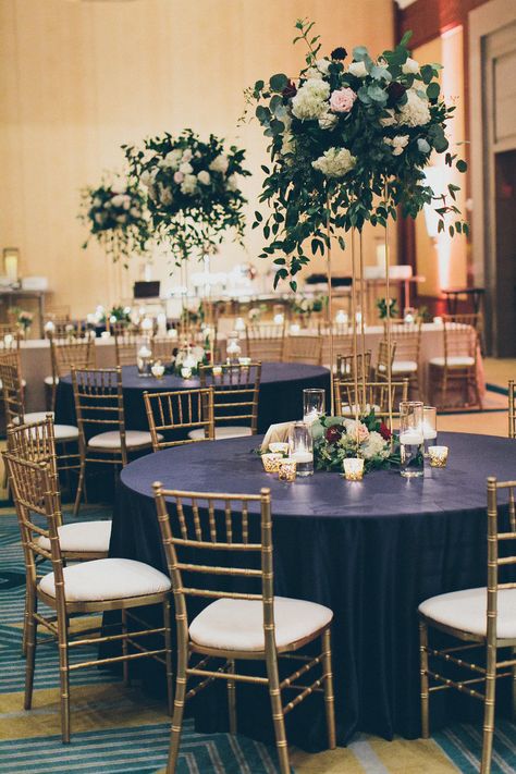 Navy Dessert Table Ideas, Navy Gold And Greenery Wedding, Navy Blue Wedding Flowers Centerpieces, Centerpieces Navy Blue And Gold, Navy Blue Centerpieces, Burgundy Wedding Centerpieces, Blue And Gold Wedding, Navy Blue And Gold Wedding, Louisiana Wedding