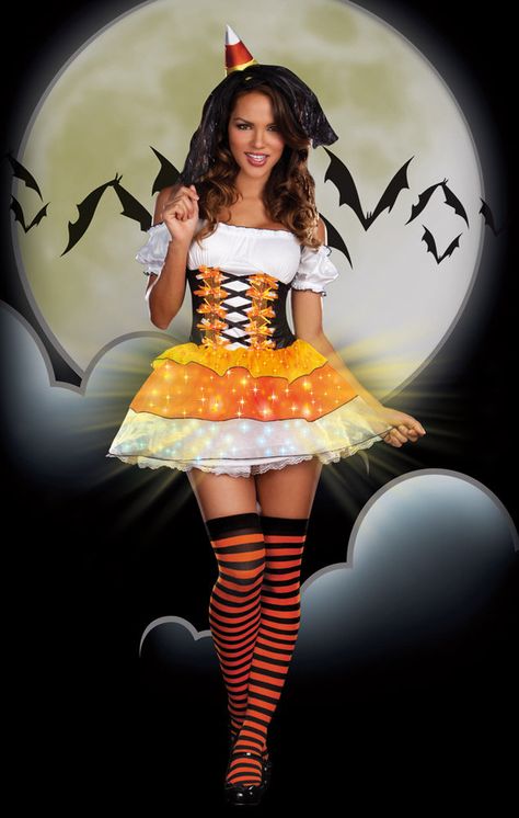 Sexy Candy Corn Cutie Light Up Witch Costume.  Yes, it LIGHTS UP -- the tiered skirt with three colors of fiber optics underneath! Candy Corn Outfit, Candy Corn Witch, Candy Corn Crafts, Cute Sweater Outfits, Peasant Style Dress, Food Costumes, Witch Costumes, Witch Makeup, Halloween Makeup Inspiration