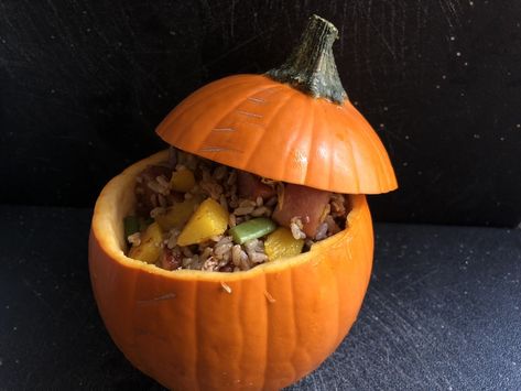 Enjoy a mix of autumnal flavors in a spooky receptacle with this seasonal take on fried rice! Sugar Pie, Leftover Rice, Sugar Pumpkin, Rice Wine, Rice Wine Vinegar, Pumpkin Pie Spice, Rice Vinegar, In The Flesh, Fried Rice