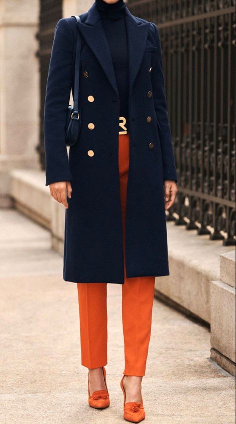 Navy Blue And Orange Outfit, All Navy Outfit, Navy Blue Coat Outfit, Navy Jacket Outfit, Navy Blue Skirt Suit, Womens Suit Outfits, Extreme Confidence, Blue Coat Outfit, Winter Office Wear