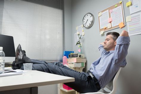 Lazy office worker feet up. Relaxing in his small office #Sponsored , #ADVERTISEMENT, #sponsored, #office, #small, #Relaxing, #Lazy Relaxing Office, Clear Boundaries, Work Task, Office Worker, Increase Productivity, Small Office, All Or Nothing, Infp, Stock Photos