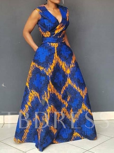 V-Neck Print Sleeveless Pullover Women's Maxi Dress Wax Dress, African Couture, Moda Afro, Long African Dresses, African Outfits, Color Block Maxi Dress, Long Gowns, Nigerian Weddings, African Styles