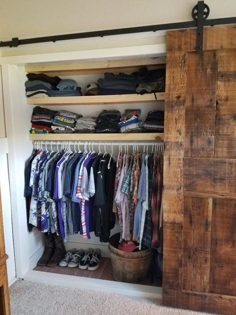 HANDY HUSBANDS & SLIDING BARN DOORS – FARMHOUSE FUN Closet With Sliding Barn Doors, Barn Door Wardrobe, Farmhouse Industrial Bedroom, Bedroom Cupboard Doors, Barn Door Farmhouse, I Am So Blessed, Retirement House, Bedroom Cupboard, Open Wardrobe