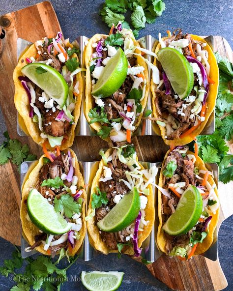 HEALTHY PORK CARNITAS & MEXICAN SLAW TACOS – No Excuses Nutrition Healthy Pork Tacos, Pulled Pork Tacos With Slaw, Healthy Carnitas, Pork Tacos With Slaw, Slaw Tacos, Mexican Slaw, Pork Carnitas Tacos, Pork Carnitas Recipe, Pork Carnitas Slow Cooker