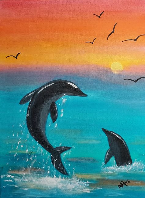 Acrylic painting by Nancy with Happy Art Dolphin Painting Ideas, Dolphins Acrylic Painting, Ocean Scenery Paintings, Dolphin Canvas Painting, Painting Ideas Turtle, Dolphin Painting Easy, Dolphin Art Painting, Dolphin Acrylic Painting, Sunrise Painting Acrylic