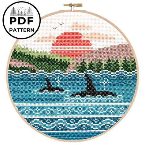 Orcas Swimming, Pigeon Coop, Colour Codes, Boreal Forest, Simple Cross Stitch, Back Stitch, Pacific Coast, Stitch Kit, Cross Stitch Kits