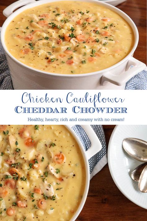 Cauliflower And Chicken Soup, Creamy Chicken Cauliflower Soup, Cauliflower Chicken Soup Recipes, Creamy Cauliflower And Potato Soup, Healthy Chowder Recipes, Best Potluck Soups, Chicken Chowder Recipes, Cauliflower And Chicken Recipes, Chicken Cauliflower Recipes