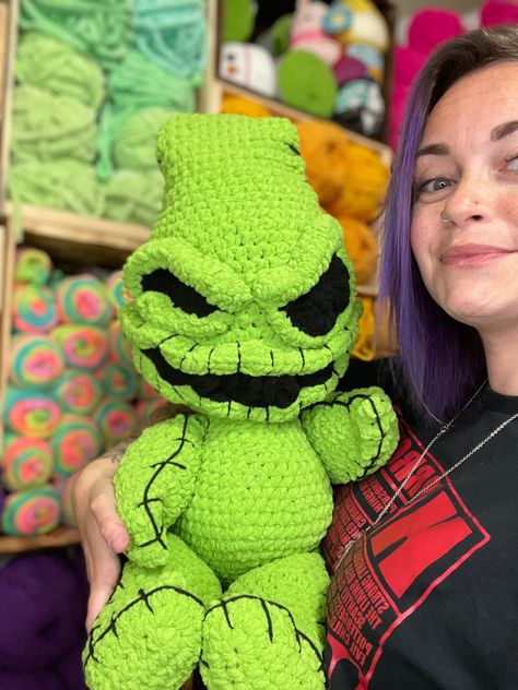 Handmade crocheted Oogie Boogie plush! Available for order in my shop ! #oogie #nightmarebeforechristmasnails #spooky #halloween #plushies #crochet #giftideas #giftideasforher Oogie Boogie Plush Pattern, Oogie Boogie Sewing Pattern, Crochet Boogieman, Ophir Boogie Crochet Pattern, Ophir Boogie Crochet, Strange Crochet Projects, Oogie Boogie Amigurumi Free Pattern, Sully Crochet Pattern Free, Halloween Crochet Stuffies