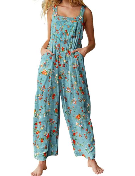 Romper Outfit Dressy, Blue Floral Jumpsuit, Women's Overalls, Loose Romper, Comfy Summer Outfits, Wide Leg Jumpsuits, Summer Rompers, Overalls Casual, Overalls For Women