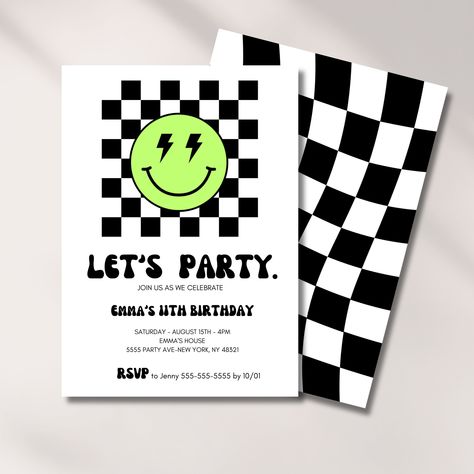 Birthday Invitation Girl or Boy, Smiley Face, Checkered Invite, Digital Template, 5th, 7th, 10, 13th, Kids Bday Party, Cool, Editable This birthday invitation features a checkerboard design with a smiley face, a fun theme for ANY age! Optional Back checkered design, can be used or removed! **This is a digital item - editing is completed by the buyer** --------------------- ✨ DESCRIPTION ✨ --------------------- This template is editable using the free version of Canva! Our templates save you sign Checkerboard Birthday Party, Smiley Invitation, 11th Birthday Boy, Bday Party Boy, Smiley Party, Neon Birthday, Checkered Design, Boy Birthday Invitations, 11th Birthday