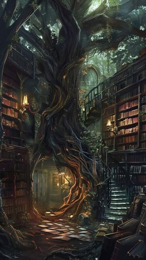 Firefly Aesthetic Wallpaper, Magical Library Fantasy Art Wallpaper, Gothic Mansion Interior, Overgrown Library, Magic Library Aesthetic, Library Forest, Forest Library, Magical Library, Paper Background Design