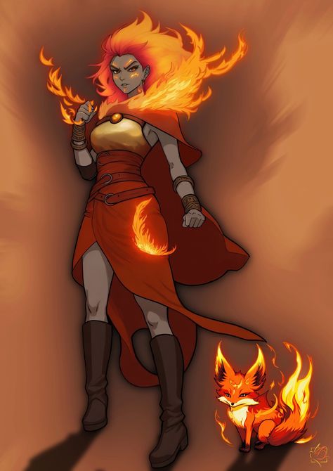 Lit the fire genasi circle of wildfire and her fire fox wildfire spirit., on ArtStation at https://www.artstation.com/artwork/RyzO4v Fire Elemental Character Design, Wildfire Spirit, Fire Druid, Fire Genasi Female Dnd, Fire Character Design, Dnd Genasi, Dnd Steampunk, Fire Genasi, Fire Elemental