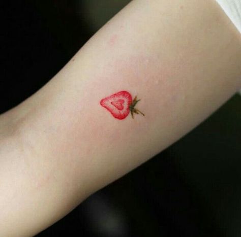 Strawberry Tattoo Cute, Strawberry Tattoos Small, Strawberry Tattoo Aesthetic, Straw Berry Tattoo, Strawberry Small Tattoo, Mini Strawberry Tattoo, Tattoo Ideas Strawberry, Strawberry Tattoo Small, Red Strawberry Tattoo