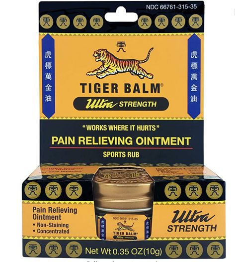 ULTRA RELIEF. TIGER BALM Pain Relieving Ultra Strength is formulated to provide temporary relief from minor aches in the muscles and joints. SOOTHES SORENESS. Over 100 years, TIGER BALM Pain Relieving ointments have been used to soothe discomfort associated with overexertion, backaches, arthritis, strains, and sprains. INGREDIENTS. Concentrated sports rub is made with camphor (11%), menthol (11%), cajuput oil, cassia oil, clove oil, dementholized mint oil, and paraffin petrolatum. Hurt Pain, Pain Relief Patches, Muscle Rub, Tiger Balm, Mint Oil, Blend Words, Headache Relief, Body Ache, Herbal Blends