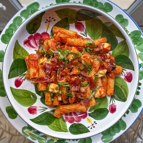 Spicy Eggplant Rigatoni with Crispy Prosciutto Eggplant Rigatoni, Eggplant And Mozzarella, Arrabbiata Sauce, Prosciutto Pasta, Spicy Eggplant, Crispy Prosciutto, Parmesan Pasta, How To Cook Fish, Sauce Pot