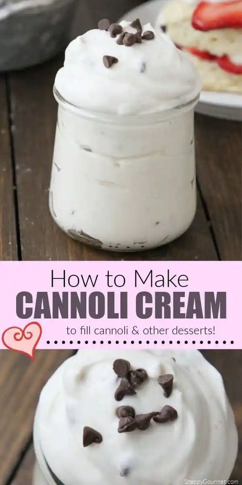Cannoli Cream, homemade Italian cannoli filling with ricotta cheese, whipped cream, orange, cinnamon, and chocolate chips. Delicious not only for filling cannoli but for a wide range of other desserts like crepes, cake or donut filling, strawberry shortcake, ice cream topping, or even as a dip! Recipe @SnappyGourmet.com #SnappyGourmet #Cannoli #Italian #Dessert Canolis Recipe, Cannoli Cream Recipe, Cannoli Cream Filling, Homemade Cannoli, Cream Filling Recipe, Italian Cannoli, Cannoli Cake, Easy Homemade Cookies, Cannoli Filling