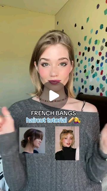 Haircare , Hairtips & Hairstyles on Instagram: "French bangs >> ❤️🥖 here is a long awaited haircut tutorial for this!! i tried to add pictures to make it easier :) straightner  and hair texture spray is Living Proof, Inc. 💙 #haircut #frenchbangs #bangs #hair #hairbangs #haircuttutorial #hairtok #shorthair #shorthairstyles #beauty #shorthairwithbangs" Bangs You Can Hide, Diff Types Of Bangs, French Style Bangs, Diy Bottleneck Bangs, French Bangs Tutorial, How To Cut French Bangs, Bangs On Straight Hair, Diy Bangs Haircut, French Bangs Short Hair