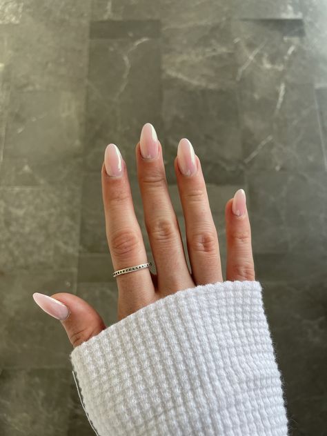 Light Pink Cream Nails, Light Pink Chrome Nails By Skin Tone Range, Light Pink Shiny Acrylic Nails, Pale Pink Acrylic Nails Almond, Light Pink Chrome Gel Nails, Pink Clear Chrome Nails, Light Pink Chrome Nails With Design, Subtle Pink Chrome Nails, Light Chrome Almond Nails