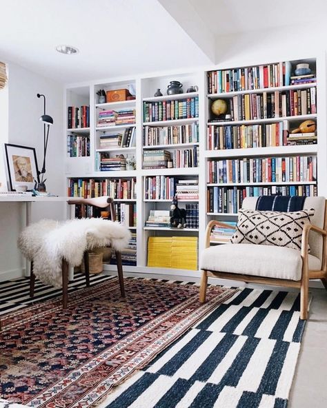 Cozy Bookshelves, Layered Rugs Living Room, Layering Carpet, Layered Rugs, House Of Harlow 1960, Home Library, Book Shelf, Front Room, Raised Garden Beds