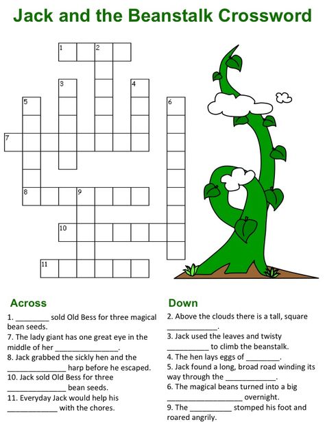 Jack and the Beanstalk Crossword Puzzle Jack And The Beanstalk Activities, Fairy Tales Lesson Plans, Fairytale Lessons, Bean Stalk, Story Maps, Printable Crossword Puzzles, Esl Reading, Children Education, Free Preschool Worksheets