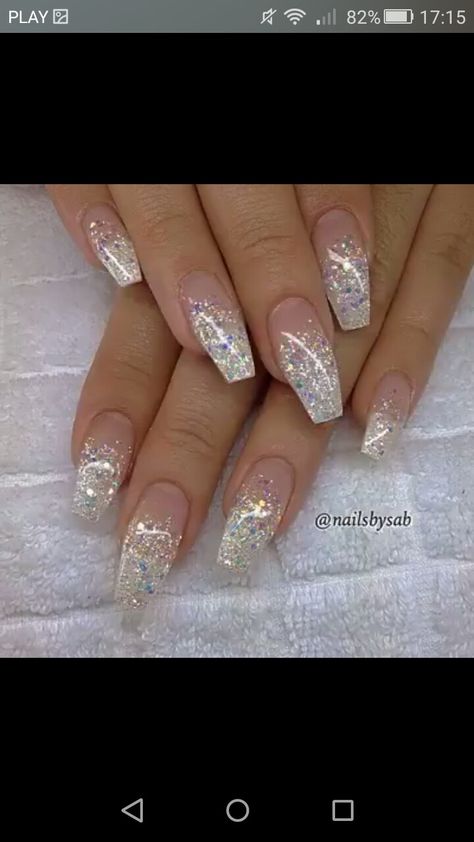 Sparkly French Tips Coffin, Winter Nails French Tip Sparkle, Coffin Shape French Tip Nails Glitter, Glitter French Coffin, Silver Glitter French Tip Nails Coffin, Nails Ombre, Nail Effects, Wedding Nails For Bride, Matte Nails Design