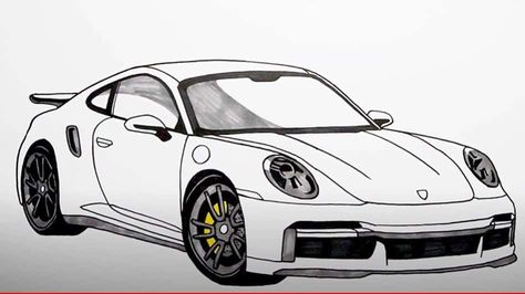 Car Drawing Sketches Easy, Porsche Drawing Easy, Cool Car Drawings Easy, Cars Drawing Easy, Porsche Sketch, Car For Beginners, Porsche Drawing, Porche Car, View Sketch