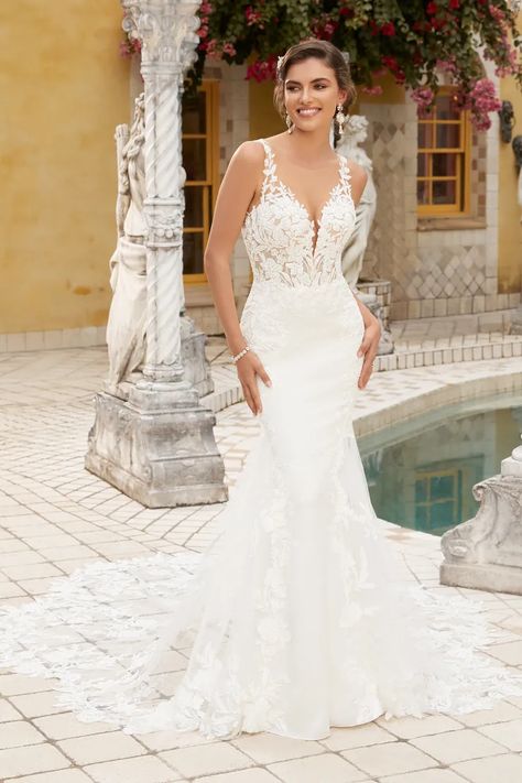 Sophia Tolli Wedding Dresses, Sophia Tolli, Fit And Flare Wedding Dress, Fit And Flare Skirt, Evening Dresses For Weddings, Illusion Neckline, Elegant Wedding Dress, Wedding Dress Styles, Mermaid Dresses