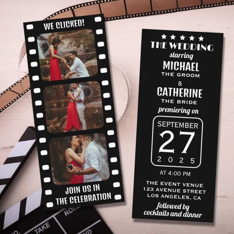 Movie Film Strip Black And White Cinema Wedding Invitation (Creator Uploaded) Film Theme Wedding, Movie Film Strip, Cinema Themed Wedding, Movie Invitation, Popular Wedding Invitations, Cinema Wedding, Black And White Wedding Invitations, Black And White Movie, Wedding Movies