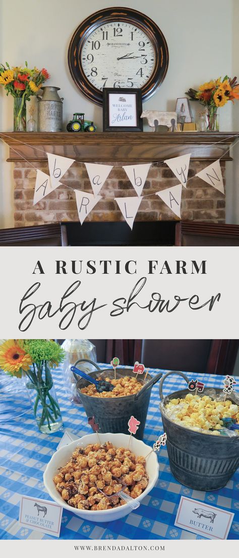 A Rustic Farm Baby Shower, complete with bundt cakes, rustic decor, farm animals, baby shower games and popcorn bar. Learn more at brendadalton.com Farm Theme Baby Shower Ideas, Farm Themed Baby Shower Ideas, Farm Baby Shower Theme, Yoga Baby, Baby Shower Venues, Baby Corn, Farm Baby Shower, Baby Bash, Animal Baby Shower Theme