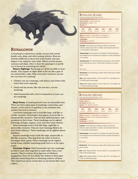 When I was younger, I used to imagine monsters running alongside the car. I decided to make stats (and a little sketch!) for them. The Runalongs, Cute Dnd Familiars, D&d Mounts, Dnd Mounts 5e, D&d Familiars, D&d Animals, Dnd Pets And Mounts, Dnd Fae Creatures, Dnd Pseudodragon