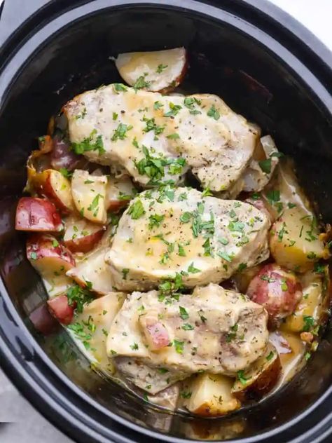 Crockpot Creamy Ranch Pork Chops and Red Potatoes - Ermhearts Porkchop Crockpot Recipes Slow Cooker, Boneless Pork Chop Recipes Crockpot, Crockpot Pork Chop Recipes, Creamy Ranch Pork Chops, Slow Cooker Pork Chops Recipes, Pork Chop Recipes Crockpot, Slow Cooker Recipes Pork, Slow Cooker Lamb, Ranch Pork Chops