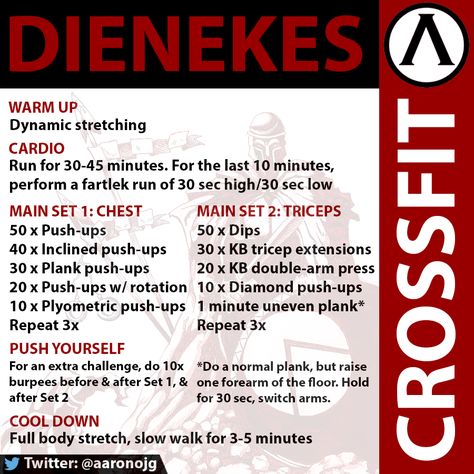 CrossFit WOD. Dienekes. This WOD will target your cardio, plus your chest, triceps, and overall endurance. Named after the famous Spartan. Chest Crossfit Wod, Weightlifting Split, Crossfit Workouts For Beginners, Spartan Workout, Spartan Race Training, Spartan Training, Farmer Life, Crossfit At Home, Crossfit Wods