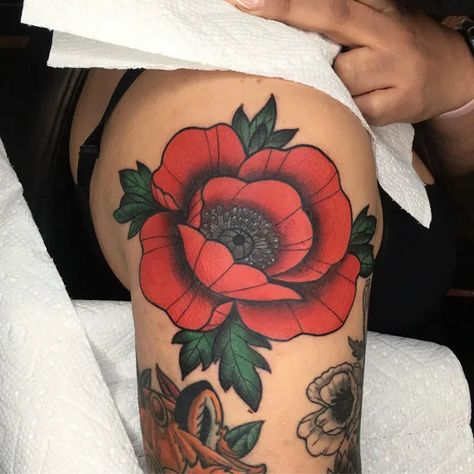 62 Stunning Poppy Flower Tattoo Ideas To Rock In 2023 Poppy Flower Tattoo Traditional, Poppy And Peony Tattoo, Flower Tattoo Behind The Ear, Blue Poppy Tattoo, Amapola Tattoo, Traditional Poppy Tattoo, Trad Flower, Poppy Tattoo Small, Red Poppy Tattoo