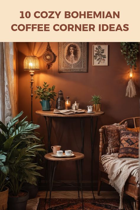 Looking to create the ultimate bohemian coffee corner in your home? Let your creativity soar with these 10 cozy and stylish ideas. Perfect for coffee lovers, these inspirations blend comfort and charm, making every sip feel special. From earthy colors to unique decor elements, you can transform any nook into your personal retreat. Ideal for relaxing with your favorite book or entertaining friends, these tips will guide you in curating a warm atmosphere where every coffee moment feels like a little celebration. Coffee Nook Decor, Cozy Coffee Corner, Coffee Corner Ideas, Coffee Corners, Bohemian Style Inspiration, Coffee Moment, Cozy Bohemian, Coffee Table Inspiration, Nook Decor