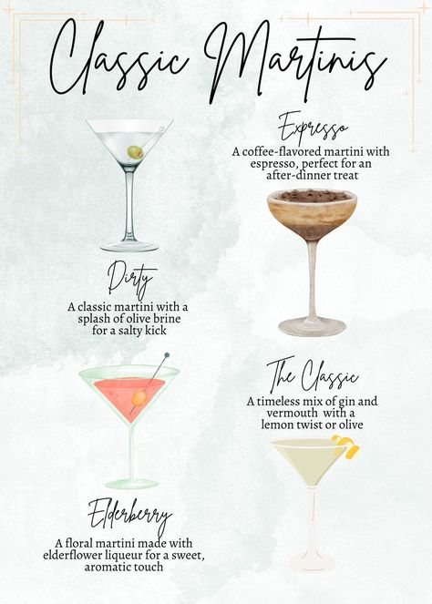 "Classic Martini Menu" - Customizable Digital Template Elevate your event with our refined "Classic Martini Menu" template! Perfect for weddings, cocktail parties, or any gathering where you want to offer a selection of timeless and sophisticated martinis. Elegant Design: Classic template that complement your event's theme, featuring iconic martini glass illustrations and stylish fonts. Customizable Options: Easily personalize the menu to include a variety of martini styles, ingredients, and gar Different Types Of Martinis, Unique Martini Recipes, Martini Bar Party Ideas, Martini Party Ideas Decoration, Martini Station, Types Of Martinis, Martini Themed Party, Martini Bar Party, Martini Ideas