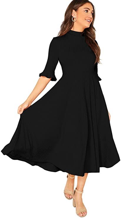 Fit And Flare Dress Casual, Black Mock Neck Dress, Knit Bell Sleeve, Flare Dress Casual, Fit And Flare Midi Dress, Flare Midi Dress, Bodycon Tank Dress, Split Long Dress, Dresses 2022