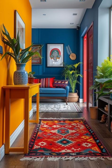 29 Small Apartment Decorating Ideas to Maximize Style in Minimal Spaces 22 Colorful Room White Walls, Color Pop Apartment, Bright Painted Walls, Colorful Houses Interior, Colored Couch, Colourful Living Room Decor, Strong Style, Colourful Living Room, Small Apartment Decorating