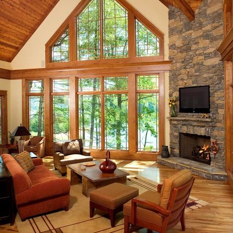 Corner Stone Fireplace, Fireplace Windows, Fireplaces Layout, Cabin Vibes, Simple Fireplace, Cabin Fireplace, Fireplace Built Ins, Farmhouse Fireplace, Freestanding Fireplace