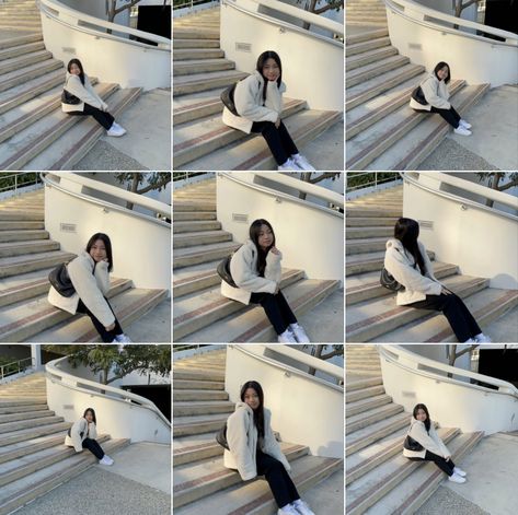 Sit Down Poses Photography, Sitting On Staircase Pose, Poses For Pictures On Stairs, Selfie Sitting Poses, Stair Picture Poses Aesthetic, Sit On Stairs Pose, Pose Ideas Sitting Down, Poses For Stairs Photoshoot, Stairs Aesthetic Pose