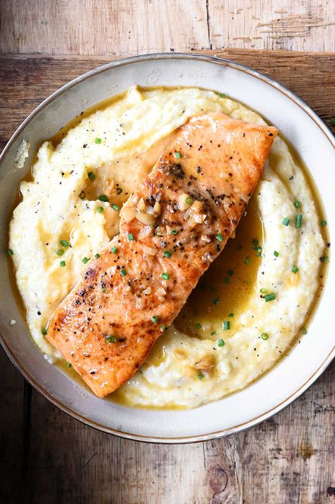 Maple Garlic Salmon, Salmon With Polenta, Salmon And Polenta, Salmon Polenta, Salmon And Polenta Recipe, Elevated Recipes, Autumnal Recipes, Easy Salmon Recipe, Maple Salmon