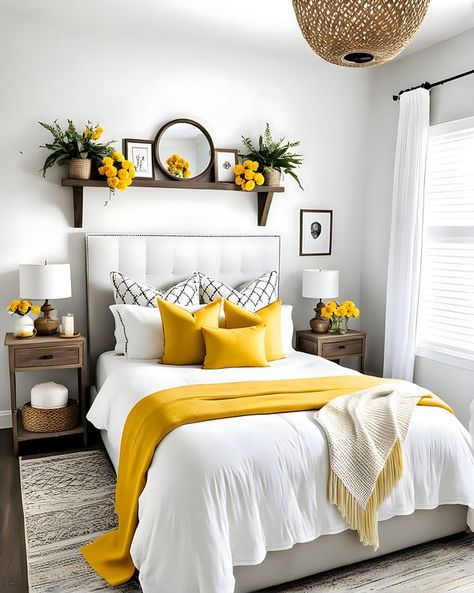 Gray Yellow White Bedroom, Room Inspo Yellow, Cozy Small Bedroom Ideas, Bedroom Interior Colour, Large Bedroom Layout, Cozy Small Bedroom, Fresh Room, French Country Bedroom, Guest Bedroom Inspiration