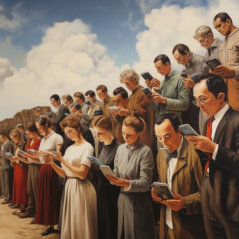 3) salvador dali inspired oil painting of a crowd of people staring at iphones. a nod to the phone addiction. surrealism. natural tones. #nft #AI #art #painting #nftartist #AIartgallery #DigitalArt #artwork #AIart #generativeart #GenerativeAI #artwork #artist #artistsofinstagram People Staring, A Crowd Of People, Crowd Of People, People Crowd, Painting People, Insta Post, Salvador Dali, Generative Art, Natural Tones