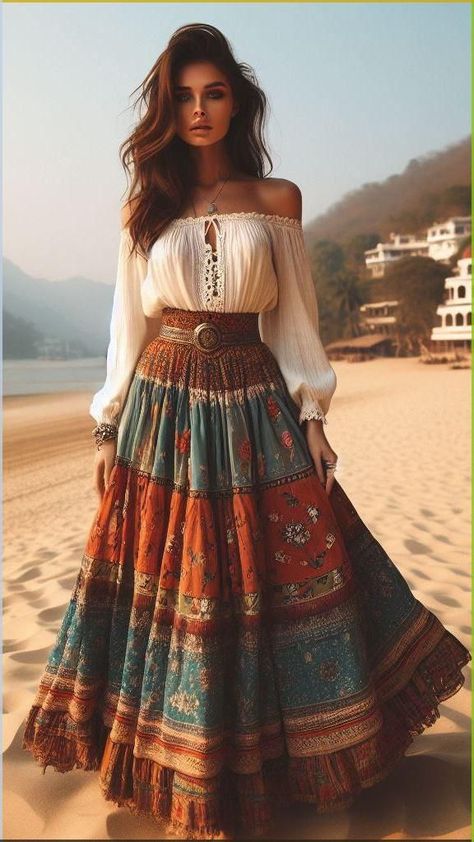 Boho Skirts Long Bohemian, Boho Pirate Style, Long Skirt Boho Outfit, Bohemian Style Aesthetic, Chic Bohemian Outfits, Modern Gypsycore Fashion, Gipsyland Outfit, Boho Girl Aesthetic, Bohomeian Style Outfits